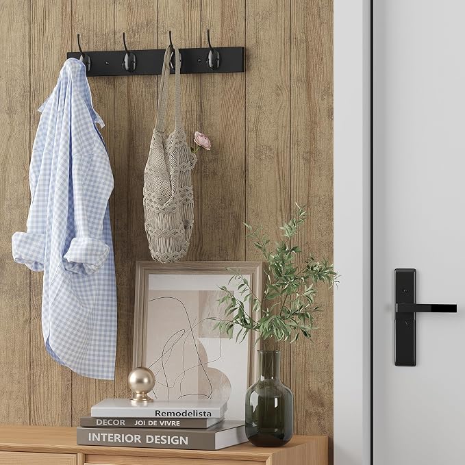 VERTORGAN 1 Pack Wall Mounted Wooden Hat Rack,4 Hooks Entryway(Black) | Wood Coat Hooks,Wall Hooks for Hanging,Hat Rack Bag Hanger Key Holder for Wall,Purse Hanger Towel Racks for Bathroom
