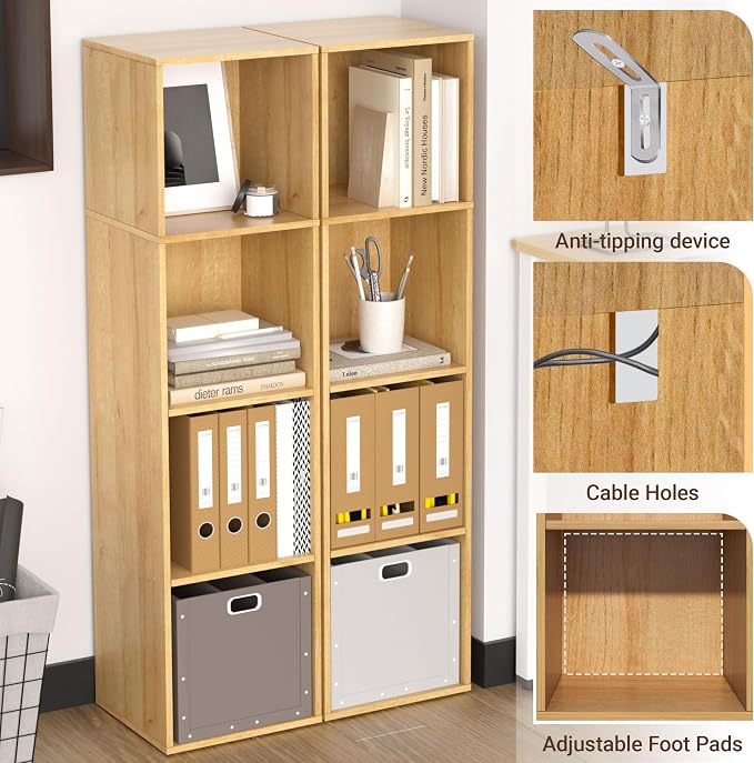 4 Cube Storage Organizer, 4 Tier Cube Low Bookcase Freestanding Storage Display Organizer, Four-Cubes Open Shelf Bookshelf for Home Office (Oak, 4-Cube)