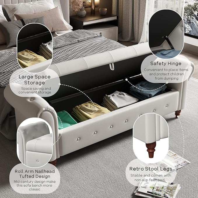 NIOIIKIT 63'' Storage Ottoman Bench, Tufted Entryway Bench Beige Polyester | Button Tufted End of Bed, Large Storage Space, Rolled Armed Ottoman Couch Long Bench for Bedroom, Living Room, Hallway