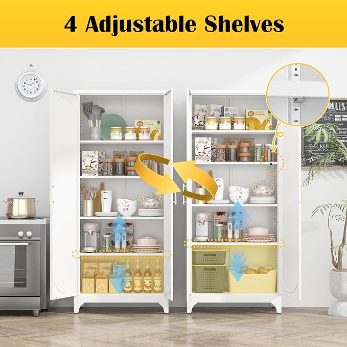 Steeloong 75"Metal Pantry Storage Cabinet with Doors & 4 Adjustable Shelves | Kitchen Pantry Cabinet,White Tall Pantry Cabinet for Kitchen Storage,Storage Cupboard for Living Room,Pantry,Garage,Bathroom