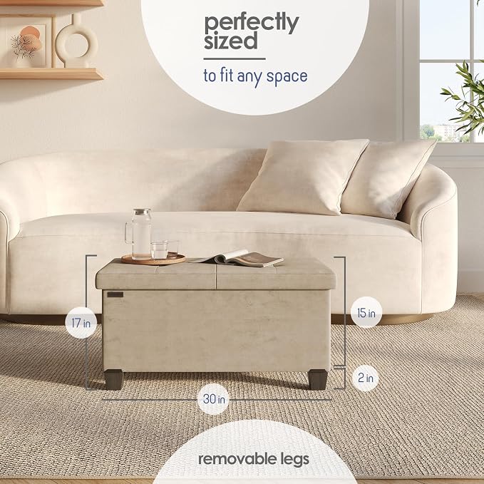 Storage Ottoman Bench with Bins, 30-in Storage Bench for Bedroom End of Bed, Folding Foot Rest Ottoman for Living Room Max 660lbs, Velvet Ottomans, Beige