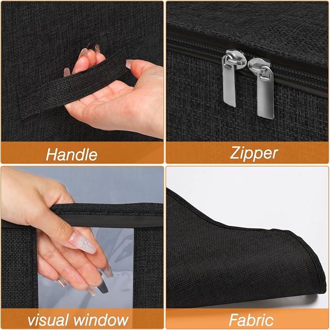 punemi 60L Blanket Storage Bags with Side & Bottom Support, 2 Pack, Black | Clear Window & Reinforced Handles, for Clothes,Pillow,Bedding & Comforter, Bedroom & Closet Organization