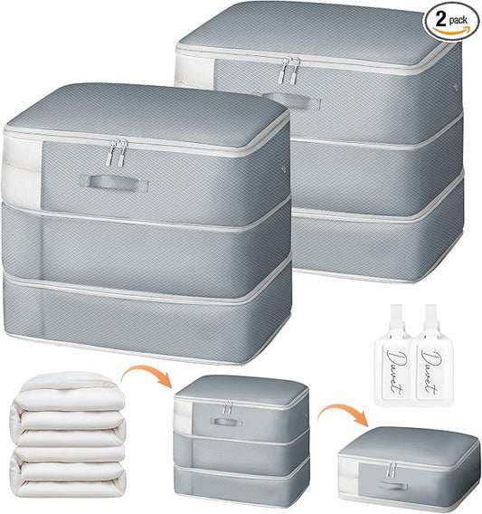 Comforter Storage Bag - Large Capacity Blanket Storage Bags 3-Layer Ultra Space Saving Self Compression Organizer, Washable Compression Bags for Storage Comforter Blanket, 2-Pack, Grey