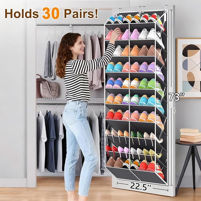 UVIAHOMI 20-30 Pairs Over the Door Shoe Organizer, Clear Pockets Hanging Shoe Storage for Closet, 10-Tier Door Shoes Rack, Handing Shoes Holder Fit All the Family's Sneakers, Boots, Heels, Dark Grey