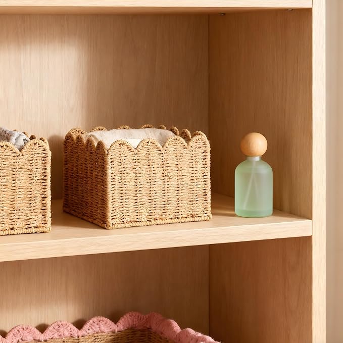 Scalloped Basket, Wicker Storage Baskets, Hand Woven Baskets for Shelves,Natural Baskets for Organizing (S-9.5" L x 9.5" W x 5.5" H)