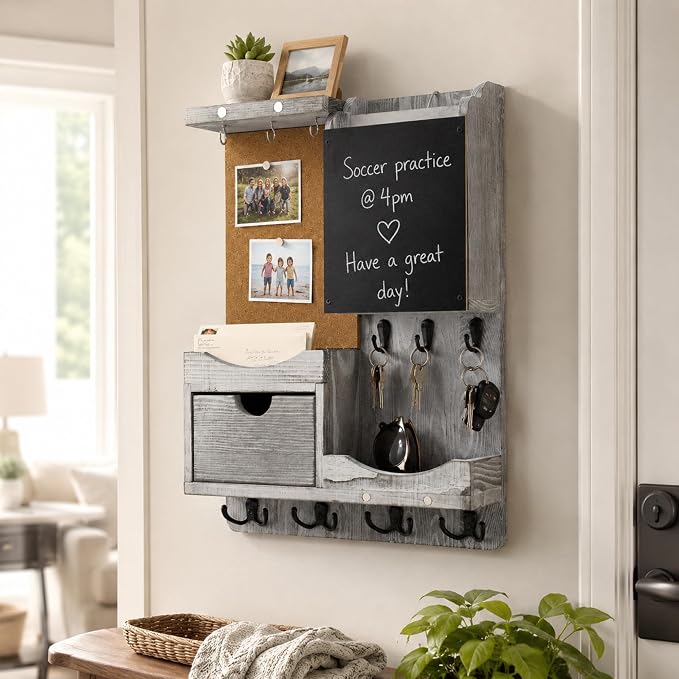 Key Holder Wall Mount， Mail Organizer Key Holder for Wall with Shelf, Drawer, Chalkboard, Corkboard, Home Decor Wall Mounted for Room Entryway(Grey)
