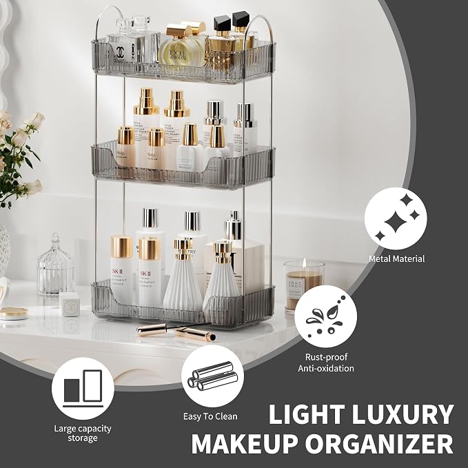 Akinbas 3 Tier Bathroom Organizer Countertop Makeup Perfume Tray Skincare Organizer for Bathroom Dresser Vanity (Grey)