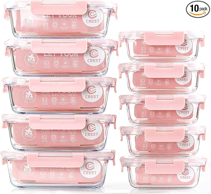 C CREST [10 Pack] Glass Meal Prep Containers, Food Storage Containers with Lids Airtight, Glass Lunch Boxes, Microwave, Oven, Freezer and Dishwasher Safe
