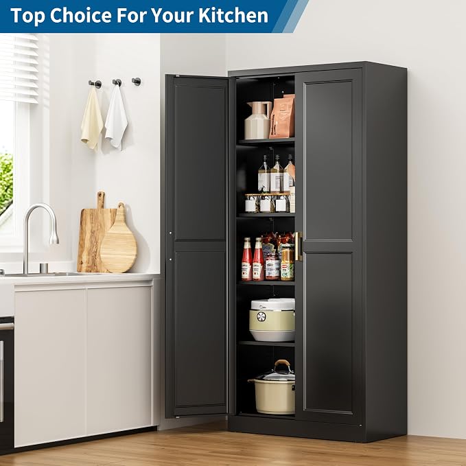 71" Tall Black Metal Storage Cabinet with Doors, Heavy Duty | Freestanding Steel Kitchen Pantry Cabinet, 4 Adjustable Shelves (180 Lbs Load), Tall Cabinets for Home, Office and Garage