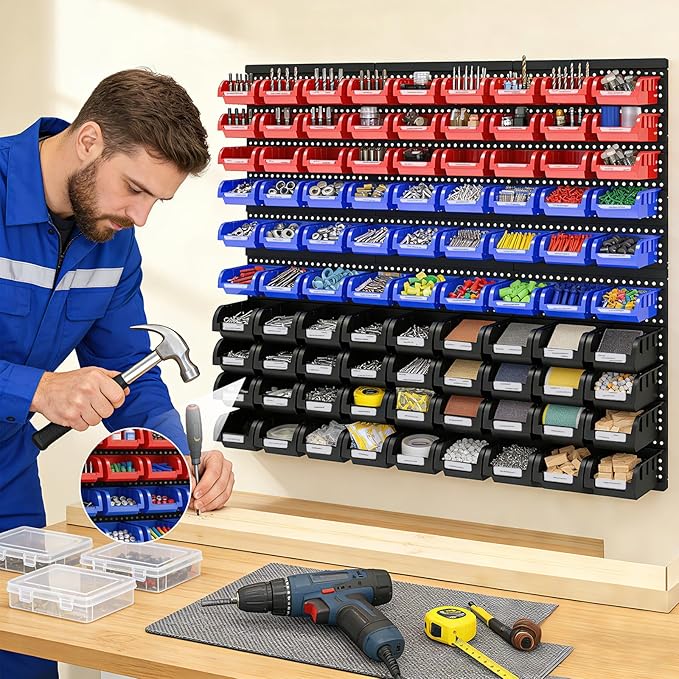 90Pcs Plastic Wall Mounted Storage Bins Parts Rack Nuts And Bolt Bins Organizer For Shop Garage for Screws, Nuts, Bolts, Nails, Beads, and Small Hardware Parts,Red,Blue,Black