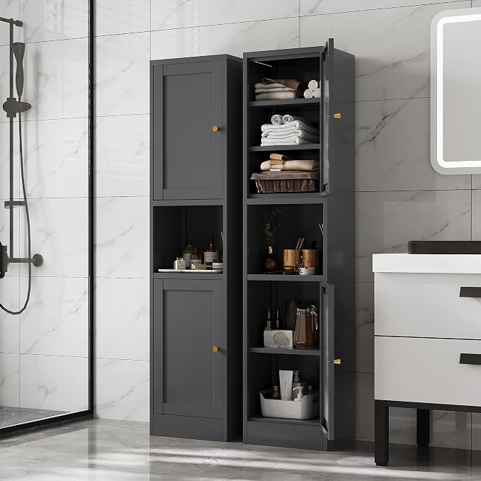 67" Tall Narrow Storage Cabinet with Doors and Open Shelf,Metal Pantry Cabinet,Shaker Style Slim Cabinet with Adjustable Shelves,for Bathroom Kitchen Laundry Small Spaces, Black, 1Pc