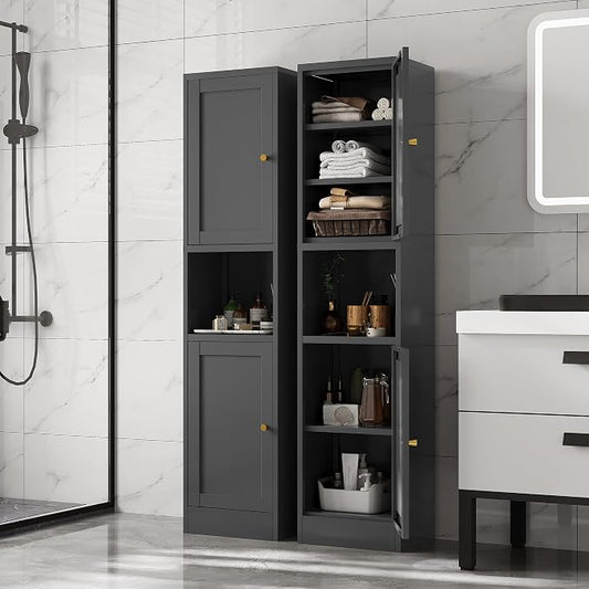 67" Tall Narrow Storage Cabinet with Doors and Open Shelf,Metal Pantry Cabinet,Shaker Style Slim Cabinet with Adjustable Shelves,for Bathroom Kitchen Laundry Small Spaces, Black, 1Pc