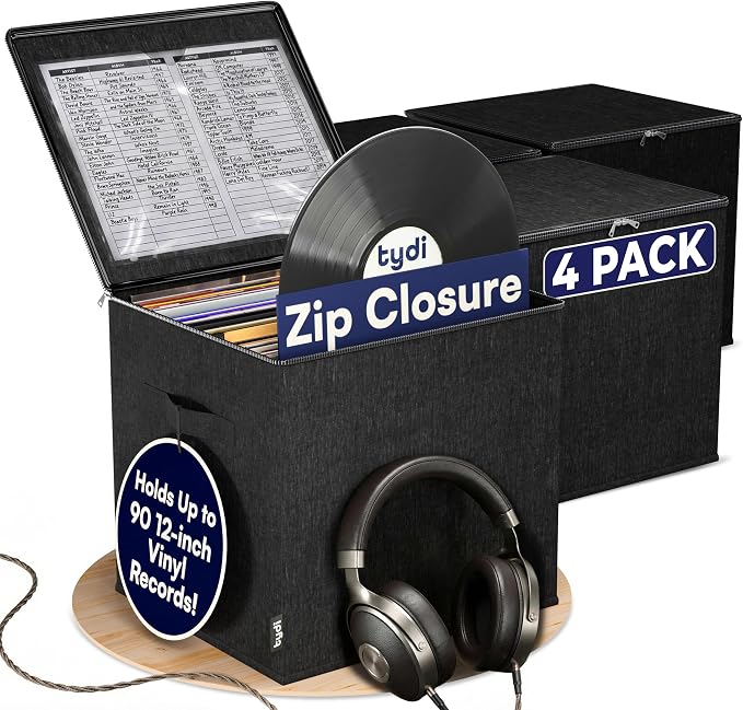 Vinyl Record Storage Box with Zip Closure – Holds Up to 90 12 Inch Vinyl Records – Collapsible Crate, LP Storage Boxes, Records Box – Stackable Record Case, Black, 4 Pack