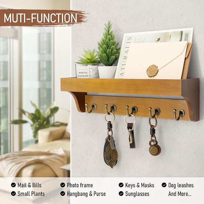 Rebee Vision Key Holder Wall Mount with Shelf for Room Decor, Yellow | 5 Key Hooks, Key Holder for Wall, Mail Rack, Apartment Storage, Plant Display, Hallway Decor, Decorative Home Organization