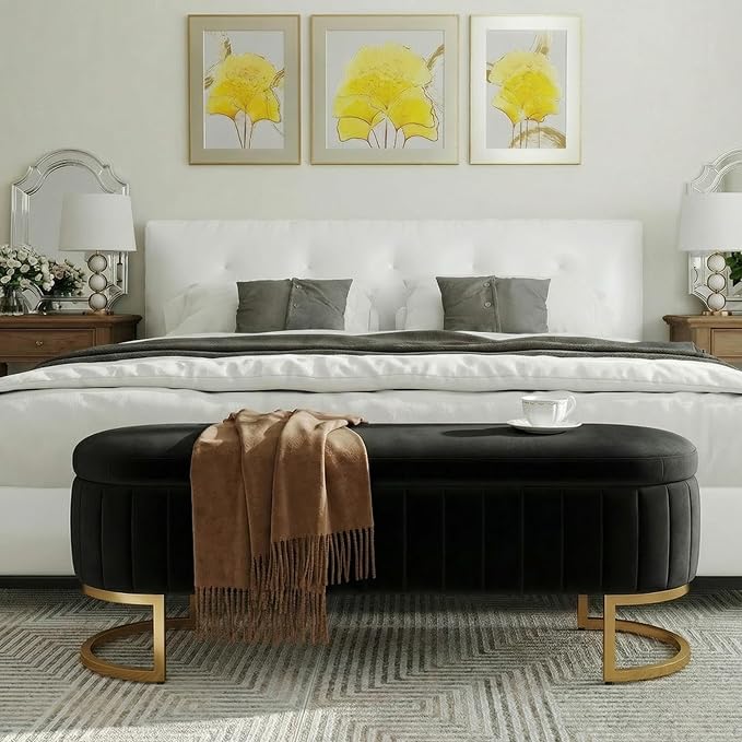 51" Velvet Storage Ottoman Bench End of Bed for Bedroom Entryway Black