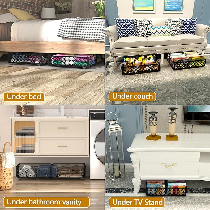 NADAMOO Under Bed Storage with Wheels, Low Profile Rolling Organizer Bins | Ultra-low 5.4" Height, 360° Swivel Casters, Strong Metal Containers Hold Shoes, Clothing, Toys, Dorm & Home Use, 1 Pack