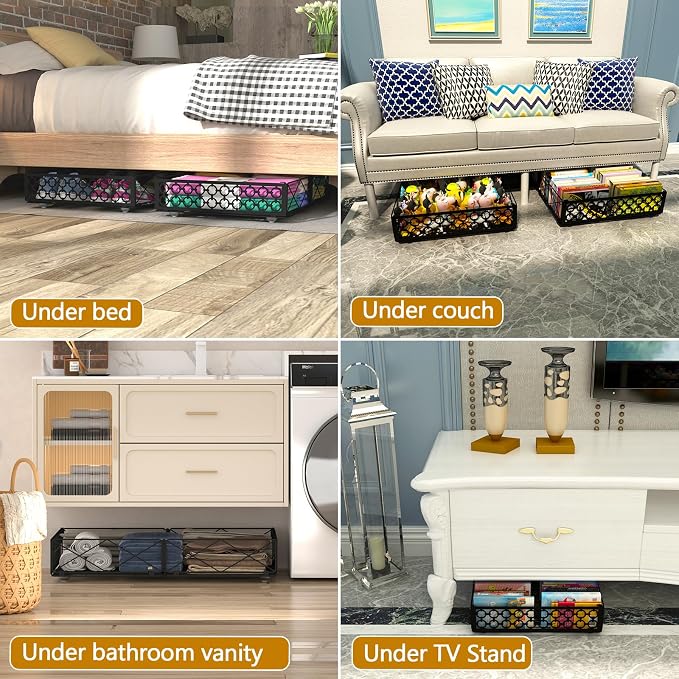 NADAMOO Under Bed Storage with Wheels, Low Profile Rolling Organizer Bins | Ultra-low 5.4" Height, 360° Swivel Casters, Strong Metal Containers Hold Shoes, Clothing, Toys, Dorm & Home Use, 4 Pack