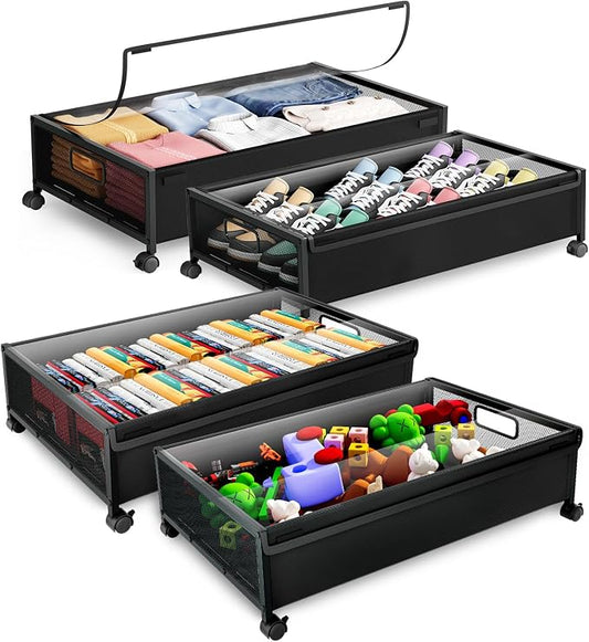 Under Bed Storage with Wheels，4 Pack Under Bed Storage Containers,Underbed Shoe Storage Bedroom Large Capacity Under Bed Storage with Lid for Clothes Shoes Toys Blankets