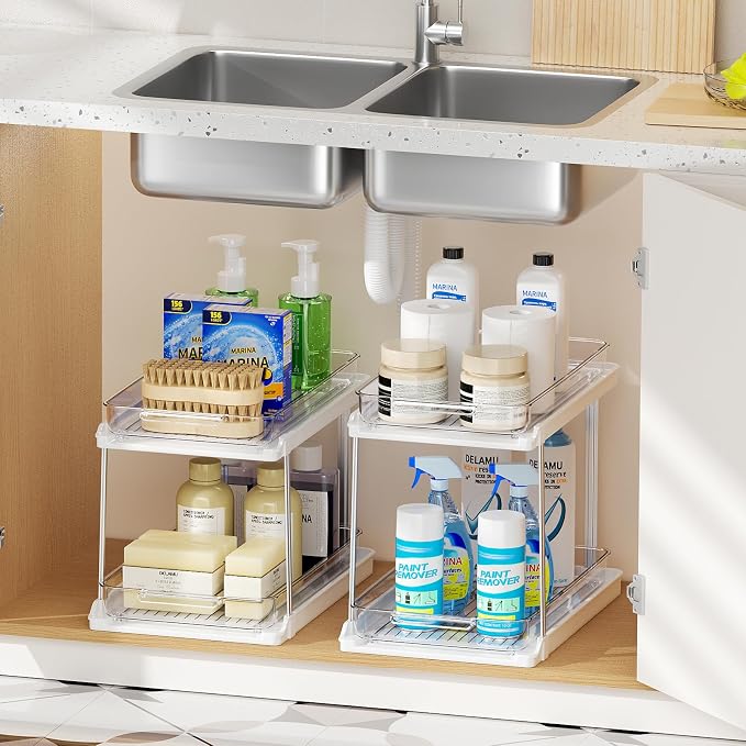 Delamu 2-Tier Bathroom Under Sink Organizers and Storage, Pull Out Cabinet Drawers with Anti-Slip Design, Multi-Purpose Storage for Kitchen, Pantry, Bathroom & Home Organization, White, 2 Pack