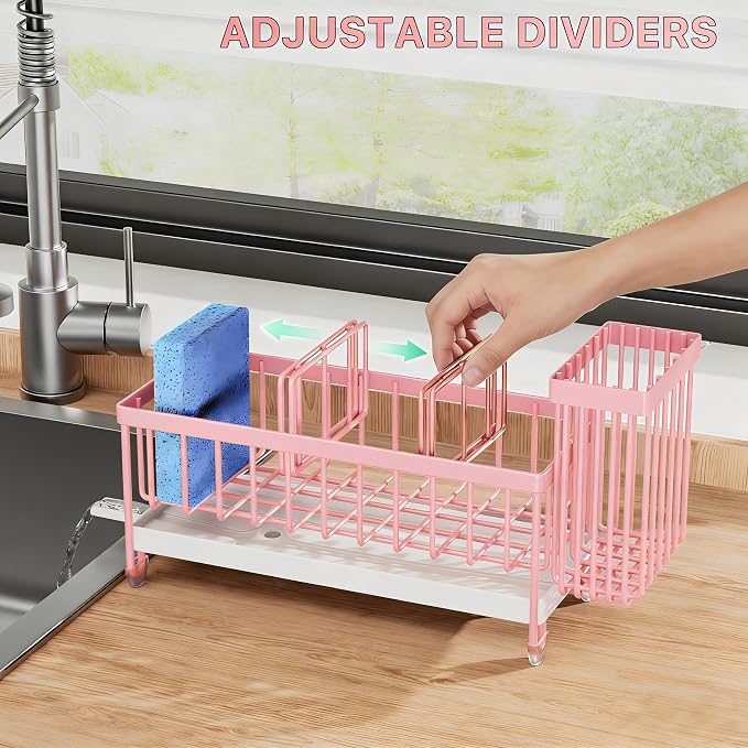 Cisily Sponge Holder for Kitchen Sink, Sink Caddy Organizer with High Brush Holder, Kitchen Countertop Organizers and Storage Essentials, Rustproof 304 Stainless Steel (Pink, 9.25″)