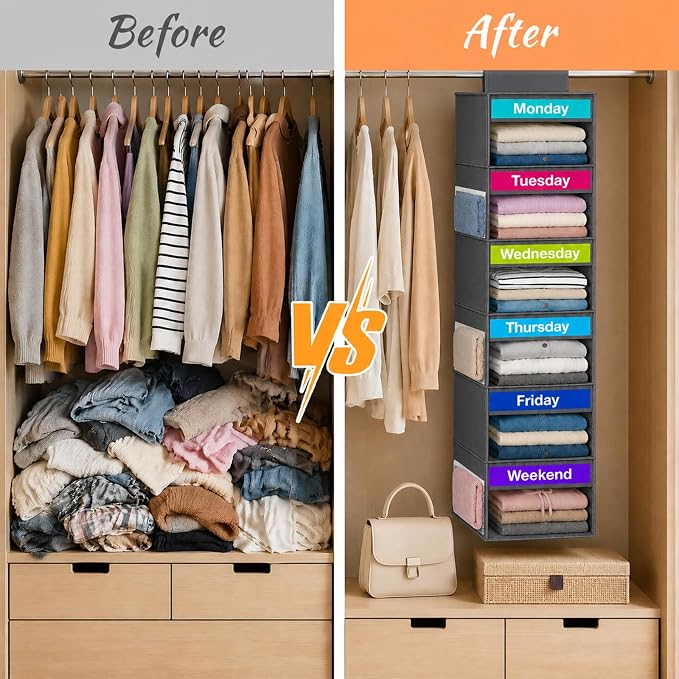 Weekly Clothes Organizer for Closet, 6-Shelf Hanging Closet Organizer with 6 Side Pockets(Grey)