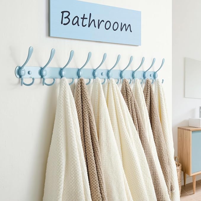 Dseap Coat Rack Wall Mount - 38” Long 10-Tri-Hooks Heavy Duty Coat Hanger Rail Wall Hooks for Hanging Coats Hats Clothing Clothes Purse Mudroom Entryway, Blue