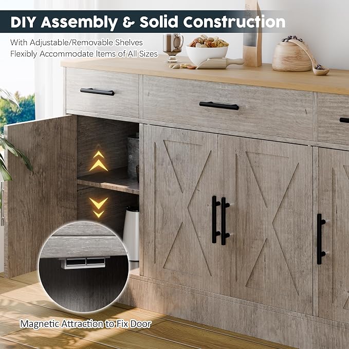 Kitchen Storage Cabinets, Farmhouse Buffet Cabinet with 4 Doors and 3 Drawers, Sideboard Small Storage Cabinet with Adjustable Shelf, for Kitchen, Dining Room & Living Room, Grey