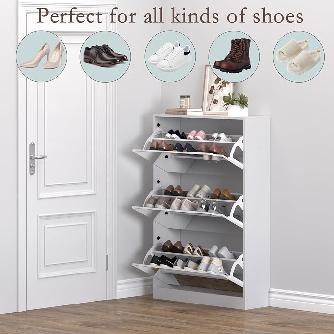 BORNOON Shoe Cabinet with 3-Flip Mirror Drawers, Freestanding Shoe Rack Organizer with Hidden Handle, Slim Narrow Shoe Storage Cabinet for Entryway, Entrance, Hallway, Bedroom