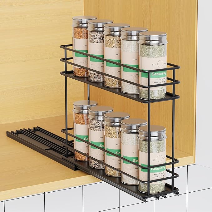 Mystozer Pull Out Spice Rack Organizer for Cabinet, Slide Out Spice Racks, Easy to Install Spice Cabinet Organizer, 2.5" Wx10.43 Dx8.26 H, 1 Drawer 2 Tiers（Black）