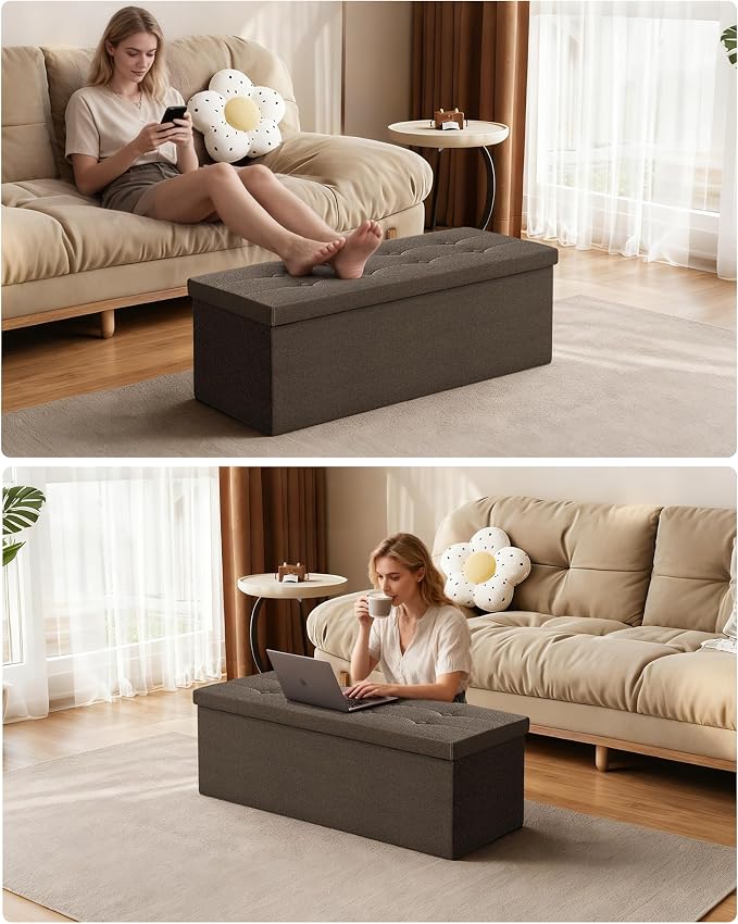 GLAXYFUR 43 Inches Folding Storage Ottoman Bench, Storage Chest, Brown | Ottoman Foot Rest, End of Bed Bench, Load 660 lb, Storage Box for Living Room, Bedroom, Entryway