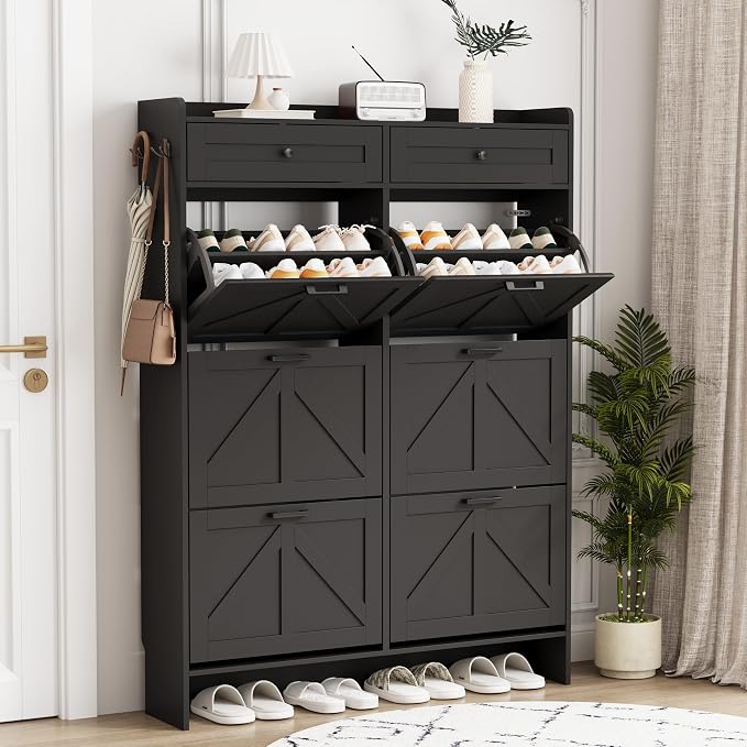 Shoe Cabinet with 6 Flip Drawers & 2 Top Drawers, 57" Tall Freestanding Narrow Wooden Shoe Storage Organizer for Entryway, Hidden Slim Shoe Rack for Front Door Entrance, Hallway, Living Room, Black