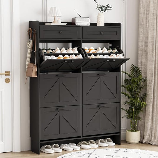 Shoe Cabinet with 6 Flip Drawers & 2 Top Drawers, 57" Tall Freestanding Narrow Wooden Shoe Storage Organizer for Entryway, Hidden Slim Shoe Rack for Front Door Entrance, Hallway, Living Room, Black