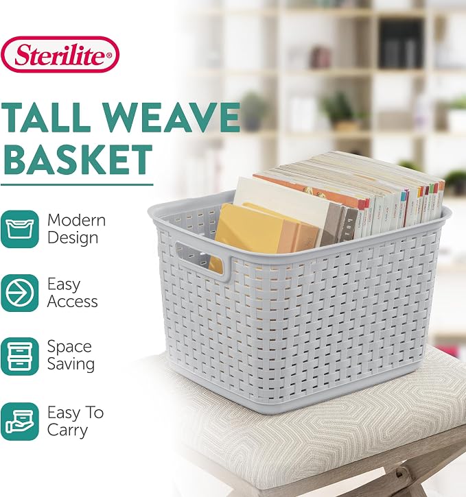 Sterilite Tall Weave Basket, Rectangular Plastic Décor Bin, Gray, 6 Pack | Multi-Purpose and Decorative Organizer for Clothes, Shelves, Closets, Pantries, Living Rooms or Offices