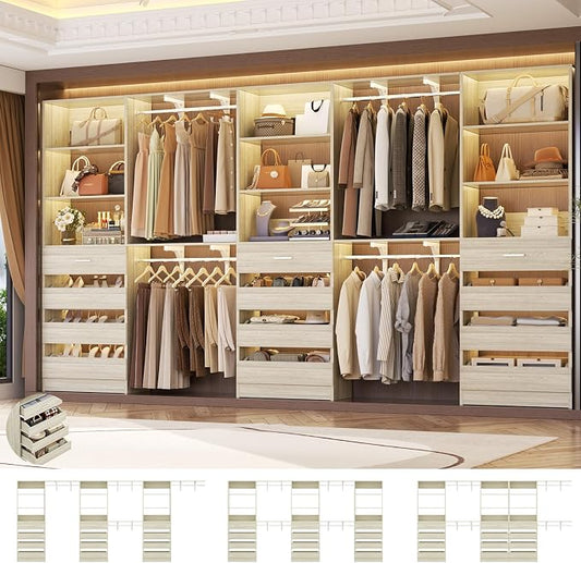Aheaplus Closet System Set of 3, 138.5" Wood Closet Organizer System Tower with 12 Drawers & 4 Hanging Rods, 6.7+4.85Ft L Shaped Walk-in Closets Wardrobe Organizer Garment Rack with Shelf, White Oak3