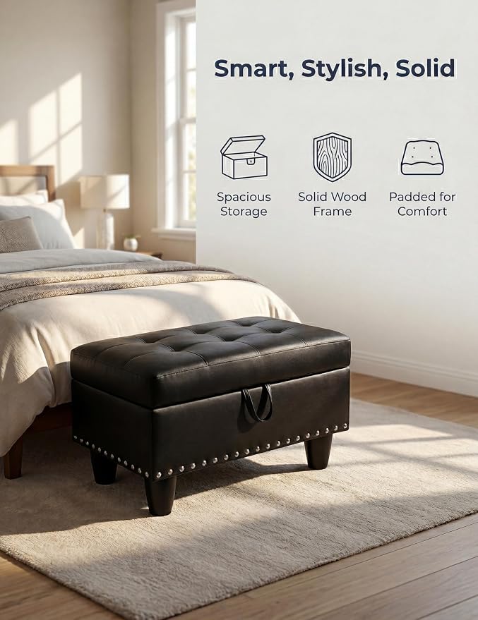 Ottoman with Storage, 28.5 inch Faux Leather Storage Ottoman with Padded Seat, Large Entryway Bench with Solid Wood Frame, Upholstered Sturdy Foot Rest for Living Room, Bedroom, Entryway