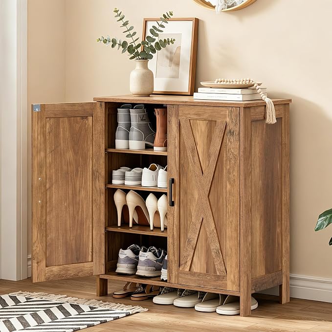 Homleke Farmhouse Shoe Cabinet with 2 Barn Doors & Wood Legs | Tall 4-Tier Shoe Storage Cabinet, 3 Adjustable Shelves, Shoe Rack Organizer, for Entryway, Hallway, Closet, Rustic Walnut