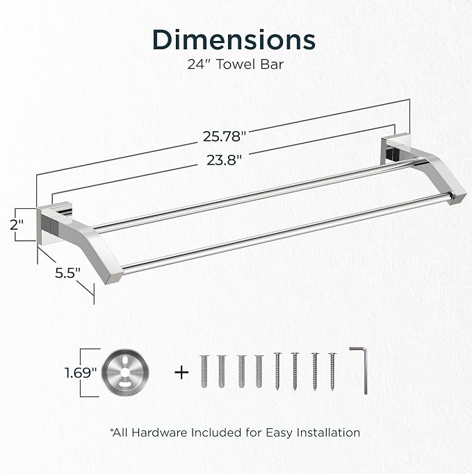 FORIOUS Double Towel Bar 24 Inch, Bathroom Towel Rack Square Chrome | Heavy Duty Towel Racks for Bathroom Bedroom, Space Saving, Rustproof, Stainless Steel Towel Holder, Total Length 26 Inch