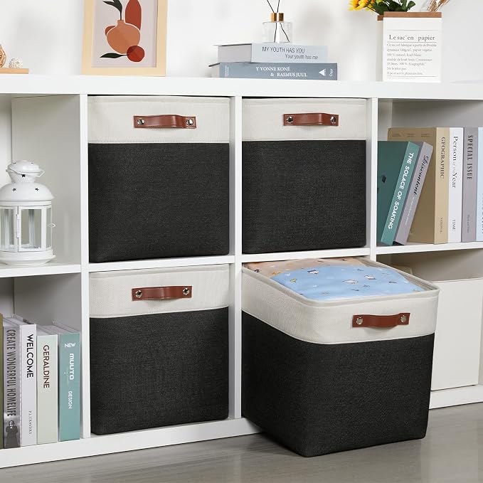 DULLEMELO Storage Baskets, 13 Inch Cube Storage Bins for Shelves Closet Storage, Foldable Linen Closet Organizers Storage Baskets for Closet Storage (4 Pack - 13" White&Black)