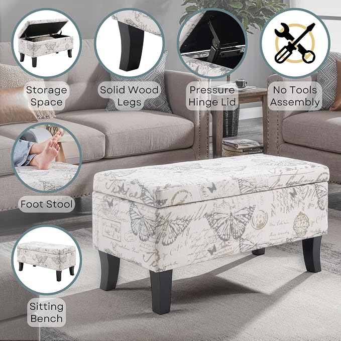 Convenience Concepts Designs4Comfort Winslow Storage Ottoman Bench 32" - Transitional Upholstered Footstool & Seat, for Living Room, Entryway, Hallway, & Bedroom, Butterfly Fabric