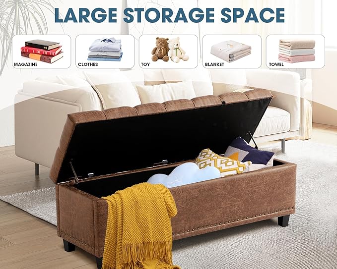 Grepatio 51" Ottoman Storage Benches, 30 Gallons End of Bed Storage Bench, Large Rectangular Ottoman, Button-Tufted Ottomans with Storage for Living Room Bedroom, Foot of Bed (Brown)