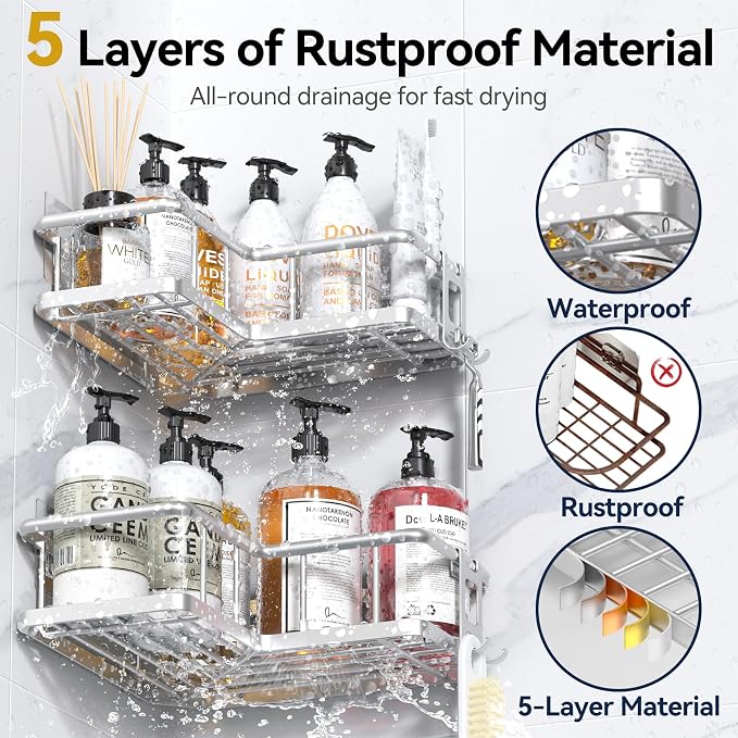 YASONIC Corner Shower Caddy Adhesive, 100% Rustproof Shower Organizer, No Drill Shower Shelf for Inside Shower, Wall-Mounted Shower Storage for Homes (2 Pack, Silver)