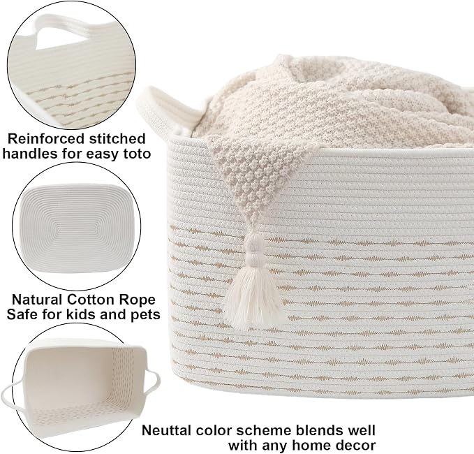96L Extra Large Cotton Rope Laundry Basket with Sturdy Handles | 24x16x15 Foldable Rectangular Blanket Basket for Toys, Clothes & Pillows,Ideal for Nursery, Bathroom, Bedroom, Living Room