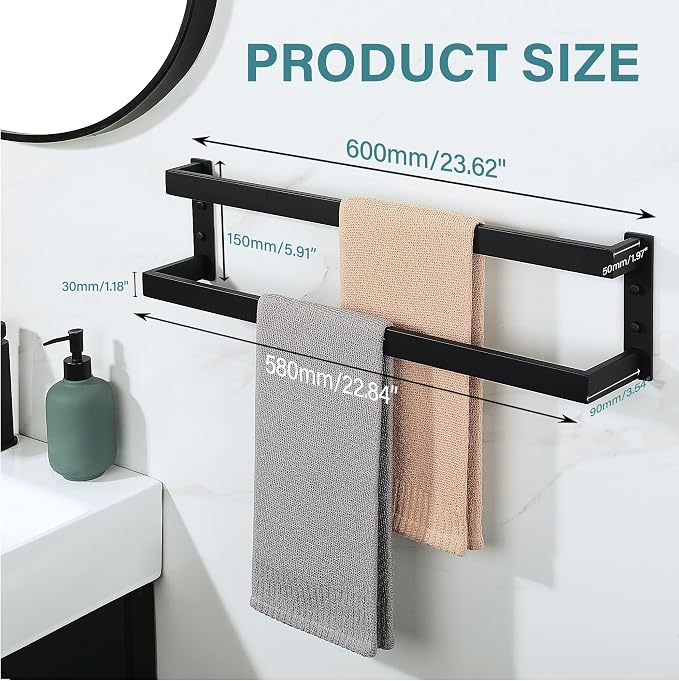 Alise Double Towel Bar, 24" Double Towel Racks for Bathroom, Matte Black | Bathroom Towel Rack Wall Mounted, 3.54" Wide Faster Drying, Ladder Design, SUS304 Stainless Steel