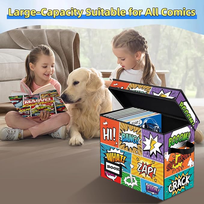 10 Pack Comic Book Storage Box, 15.8" X 7.8" X 11.8", Heavy Duty Collapsible Holds 160-180 Comic Book Bin Container Holder Shelf(Cartoon Colorful)