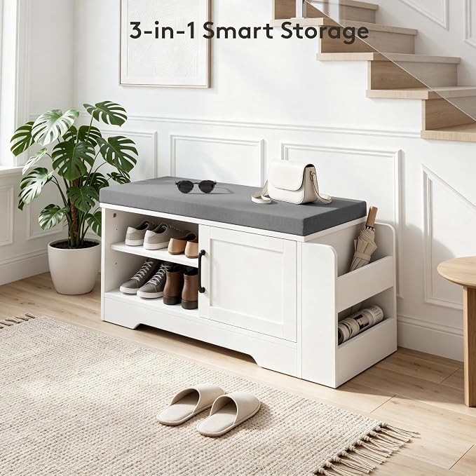 GRUSIGN 27.8" Shoe Storage Bench with Cushion, Entryway Shoe Cabinet, White | 3-in-1 Shoe Storage Bench, Adjustable Shelves, Removable Cushion, 300 lbs Capacity, Entryway, Apartment, Families