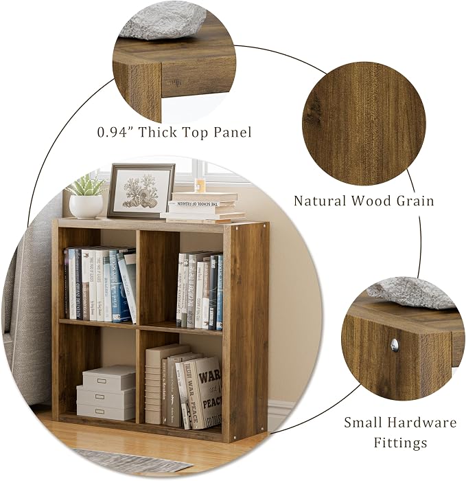 VDNEND Cube Storage Organizer Bookcase, Decorative 11 inch Open Back Cubical Shelf with Thickened Border, Display Bookshelf for Living Room, Home Office, Sturdy Room (Brown, 4 Cube)