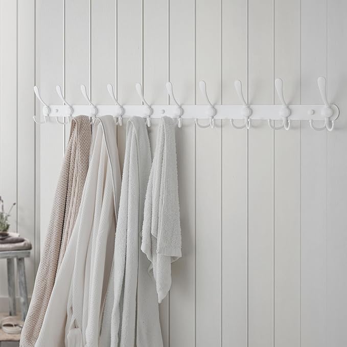 Dseap Coat Rack Wall Mount - 38” Long 10-Tri-Hooks Heavy Duty Coat Hanger Rail Wall Hooks for Hanging Coats Hats Clothing Clothes Purse Mudroom Entryway, White, Pack of 2
