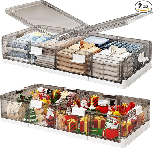 Kitstorack Plastic Under Bed Storage Containers,2 Pack Underbed Storage with Wheels,Foldable and Stackable Under Bed Organizer,Moisture and Dust-proof Storage Boxes for Clothes Shoes,13.6 Gal