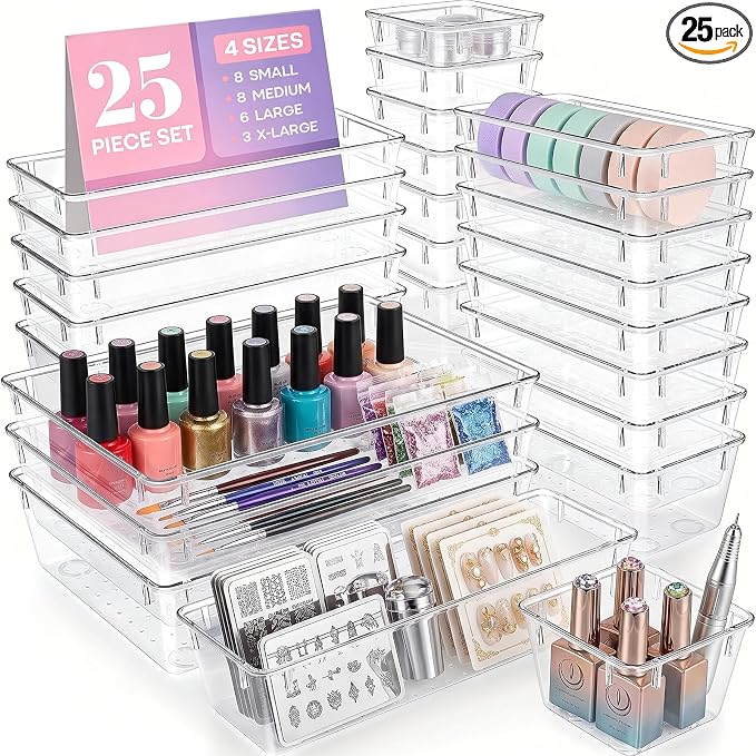 25 Pcs Makeup Drawer Organizer Set, 4 Sizes Versatile Bathroom and Vanity Drawer Organizer for Makeup, Non-Slip Desk Organizer Trays for Bedroom, Office, Fits Jewelry and Office Supplies