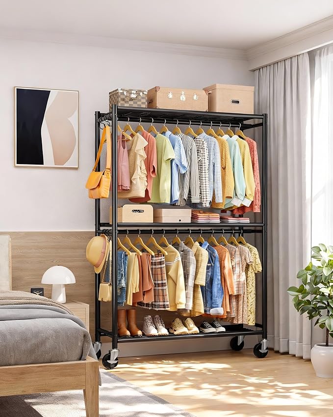Sakugi Clothes Rack - Double Hanging Rod Clothing Rack with Wheels & Leveling Feet, Large Capacity Wardrobe Closet with Shelves for Bedroom, Laundry Room, Entryway, 45.2" x 12.6" x 80.7", Black